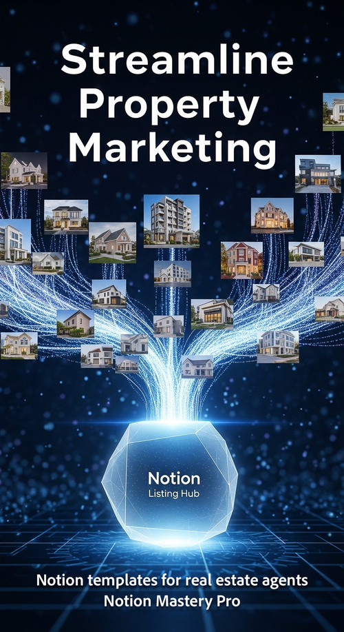 Abstract visualization of property images flowing into a central database hub labeled Notion Listing.jpg