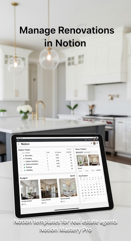 Blurred background of a luxury kitchen remodel foreground tablet with a Notion project tracker Overl.jpg