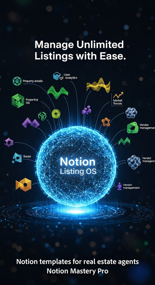 Abstract visualization of diverse properties connected to a glowing blue data hub labeled Notion Lis.jpg