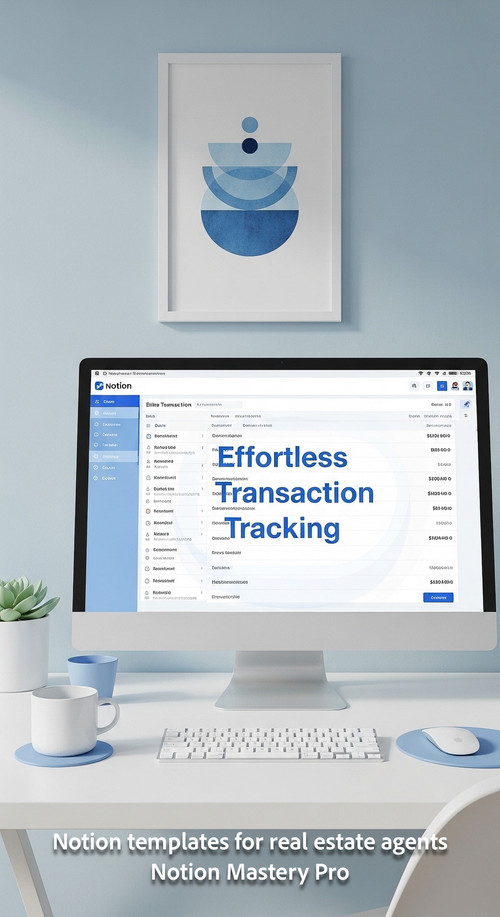 Minimalist workspace with a clean blue and white aesthetic foreground screen showing a Notion transa.jpg