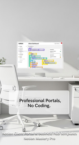 172 Minimalist white office with a single monitor displaying a Notion Client Dashboard with clean UI.jpg