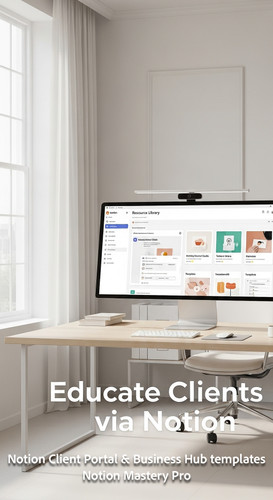 51 Minimalist white office with a large monitor displaying a Notion Resource Library for clients Ove.jpg