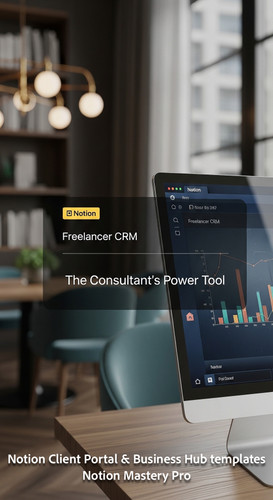 57 Blurred interior of a luxury coworking space foreground screen with a Notion Freelancer CRM Overl.jpg