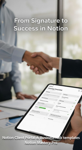 133 Blurred image of a professional shaking hands foreground tablet showing a Notion Closing Checkli.jpg
