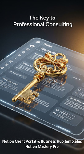 132 Abstract 3D render of a golden key unlocking a digital screen that shows a Notion Client Portal .jpg