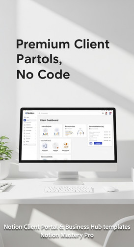 68 Minimalist white office with a monitor displaying a Notion Client Dashboard UI Overlay Premium Cl.jpg