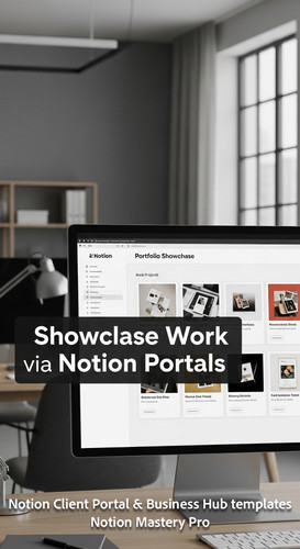 71 Blurred interior of a sleek design studio foreground monitor showing a Notion Portfolio Showcase .jpg
