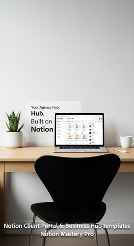 72 Minimalist desk with a designer chair and a laptop showing a Notion Business Hub Overlay Your Age.jpg