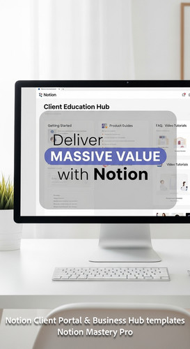 350 Minimalist white office desk with a large monitor displaying a Notion Client Education Hub Overl.jpg