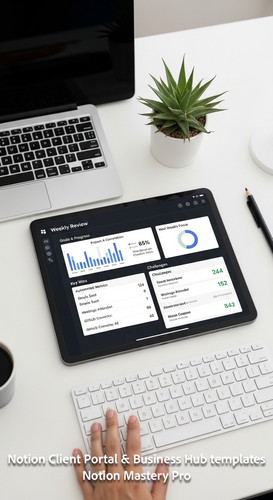 59 Topdown desk shot iPad showing a Notion Weekly Review template with automated stats Overlay DataD.jpg