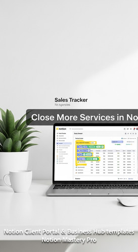 185 Minimalist white workspace with a laptop showing a Notion Sales Tracker for agencies Overlay Clo.jpg
