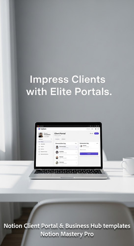 89 Minimalist white office desk with a laptop displaying a Notion Client Portal UI Overlay Impress C.jpg