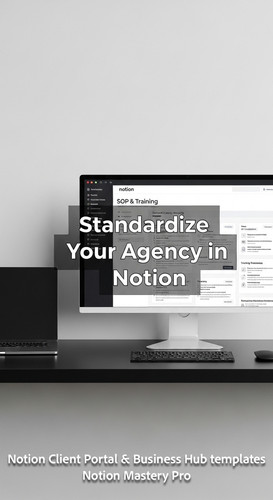 60 Minimalist workspace with a black desk and a monitor displaying a Notion SOP Training hub Overlay.jpg