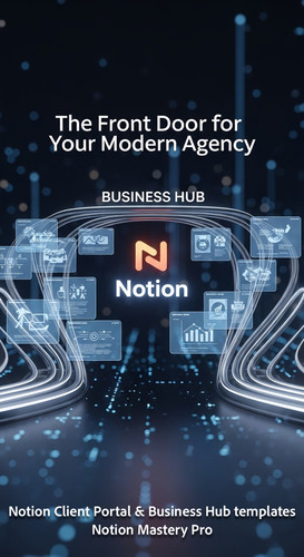 323 Abstract 3D rendering of a Business Hub gate with a glowing Notion logo and digital project card.jpg