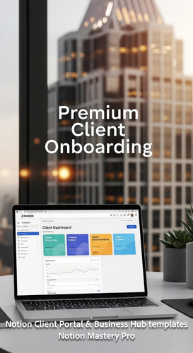 226 Blurred background of a sleek highrise office foreground laptop showing a Notion Client Dashboar.jpg