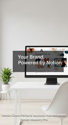 229 Minimalist white office interior with a monitor displaying a Notion Branded Portal and a custom .jpg