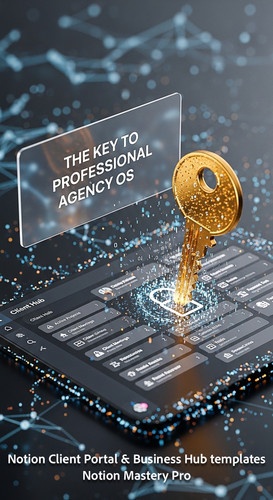 231 Abstract 3D render of a golden key unlocking a digital screen that shows a Notion Client Hub lay.jpg