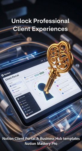 330 Abstract 3D render of a golden key unlocking a digital screen that shows a Notion Client Portal .jpg