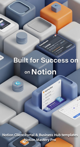 120 Abstract 3D blocks with Notion UI snippets forming a central Agency Hub Overlay Built for Succes.jpg