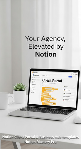 193 Minimalist white office desk with a laptop displaying a Notion Client Portal banner Overlay Your.jpg