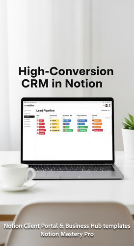 143 Minimalist white desk with a laptop showing a Notion Lead Pipeline with colorful status tags Ove.jpg