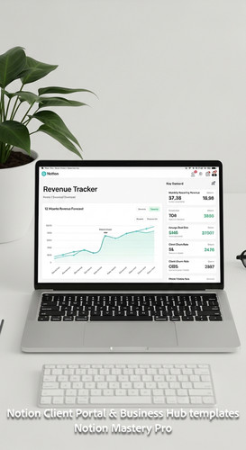 139 Topdown desk shot MacBook showing a Notion Revenue Tracker with a detailed 12month forecast char.jpg