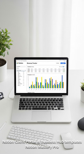 337 Topdown desk shot MacBook showing a Notion Revenue Tracker with a colorful 12month chart Overlay.jpg