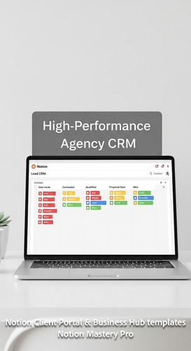 242 Minimalist white desk with a laptop showing a Notion Lead CRM with colorful status tags Overlay .jpg