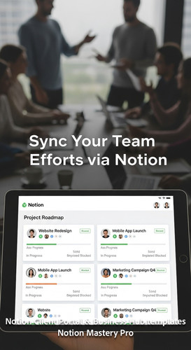 241 Blurred background of a team meeting foreground tablet showing a Notion Project Roadmap gallery .jpg