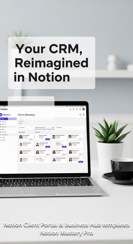 64 Minimalist white desk with a laptop showing a Notion Client Directory with contact cards Overlay .jpg