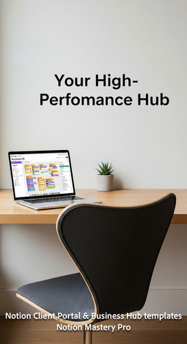 213 Minimalist desk with a designer chair and a laptop showing a Notion Business OS Overlay Your Hig.jpg