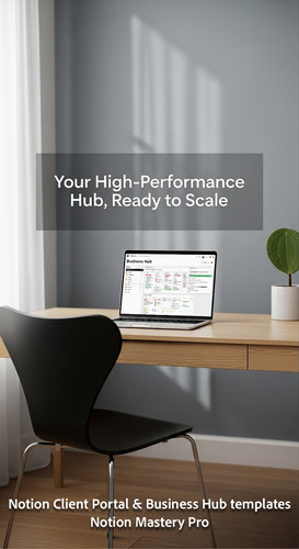 312 Minimalist desk with a designer chair and a laptop showing a Notion Business Hub Overlay Your Hi.jpg