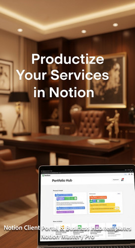 157 Blurred interior of a luxury home office foreground screen with a Notion Portfolio Hub Overlay P.jpg