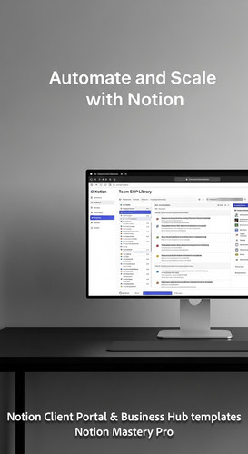 160 Minimalist workspace with a black desk and a monitor displaying a Notion Team SOP library Overla.jpg