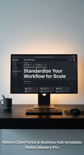 359 Minimalist workspace with a black desk and a monitor displaying a Notion Team Wiki Library Overl.jpg