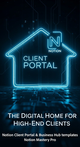 357 Abstract glowing blue lines forming a house shape with Client Portal text and a Notion N Overlay.jpg