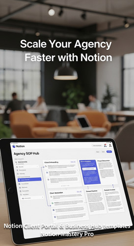 366 Blurred background of a modern coworking space foreground tablet showing a Notion Agency SOP Hub.jpg