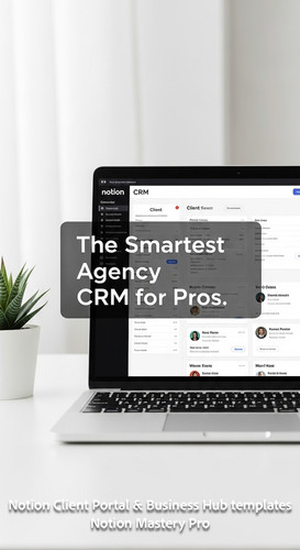 363 Minimalist white desk with a laptop showing a Notion CRM with detailed client profile cards Over.jpg