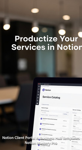 108 Blurred interior of a highend consultancy foreground monitor showing a Notion Service Catalog Ov.jpg