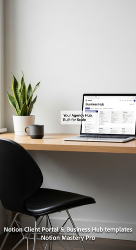 109 Minimalist desk with a designer chair and a laptop showing a Notion Business Hub Overlay Your Ag.jpg