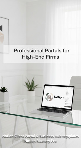 222 Minimalist white office with a glass desk and a MacBook showing a Notion client portal with a cu.jpg