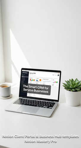 81 Minimalist white workspace with a laptop showing a Notion Agency CRM Overlay The Smart CRM for Se.jpg
