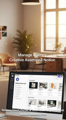 398 Blurred background of a highend designer studio foreground monitor showing a Notion Media Assets.jpg