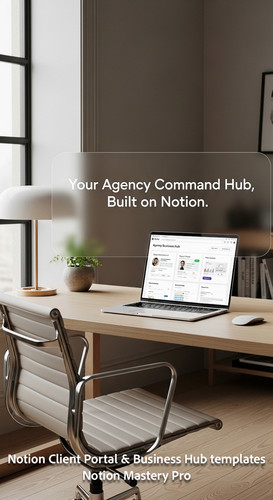 375 Minimalist desk with a designer chair and a laptop showing a Notion Agency Business Hub Overlay .jpg