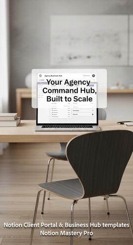 412 Minimalist desk with a designer chair and a laptop showing a Notion Agency Business Hub Overlay .jpg