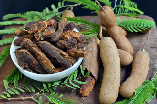 Tamarind paste or juice in white bowl on the wooden table and beside the ripe tamarind and tamarind .jpg