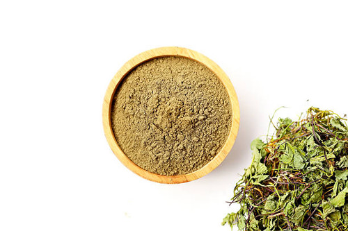 Gotu kola powder (Centella asiatica) in a wooden spoon on white background..jpg