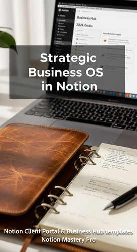 17 Closeup of a leatherbound planner next to a laptop displaying a Notion Business Hub with 2026 goa.jpg