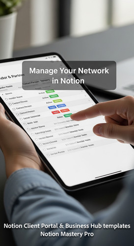 16 Closeup of a hand scrolling through a Notion Vendor Partner database on a tablet Overlay Manage Y.jpg