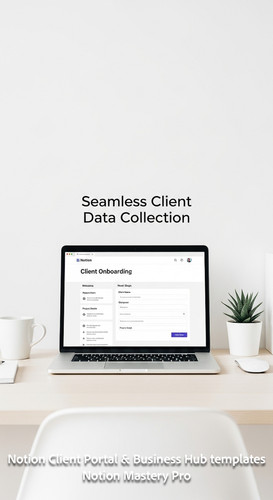23 Minimalist white workspace with a laptop showing a Notion Client Onboarding page with an embedded.jpg